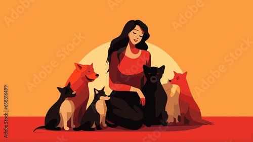 simple vector illustration, people cuddling with dogs, copy space. People cuddling with a dog. Animal wellbeing, animal health.
