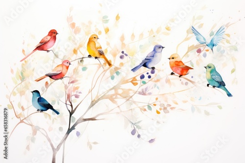 "Festive Birds Take Flight in Minimalist Watercolor Art" Ai generated. © Metodi