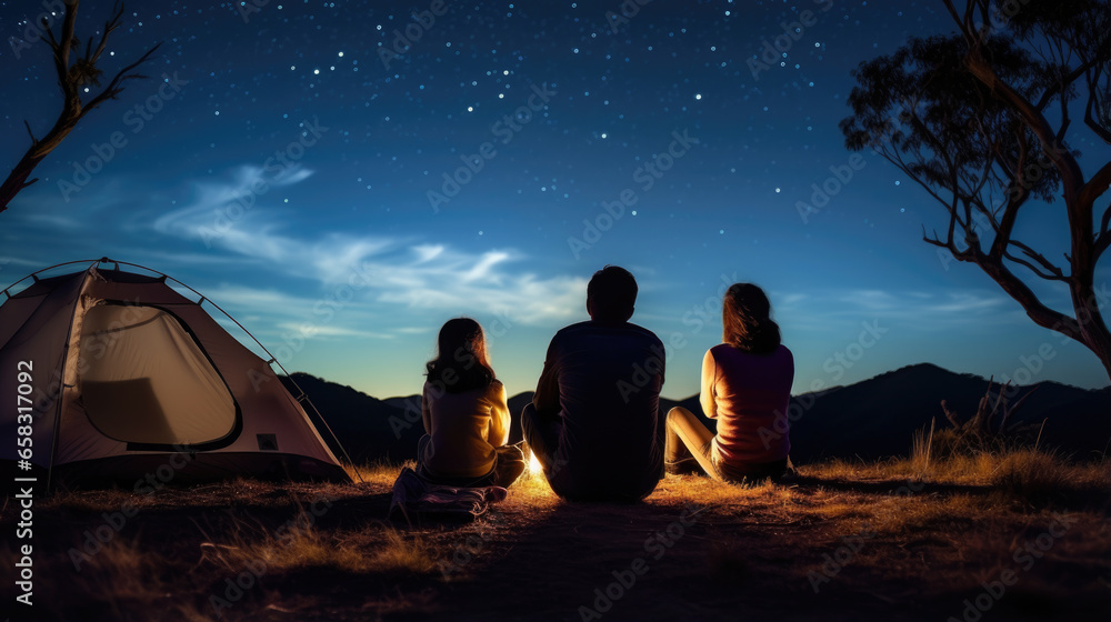 Family with kids looks up at the night sky and stars next to their tent in nature