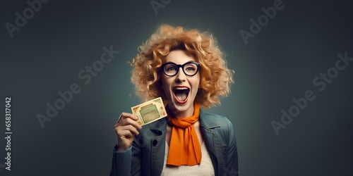 A happy woman holding a lottery ticket in her hands is happy to win, a lucky woman is the winner of the drawing, who has won a prize.