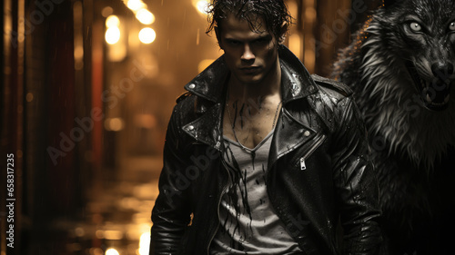 Classic Werewolf Male Model Photography - Behind Wolf, Set in Graffiti Art Alleyway with Mystical Symbols, AI-Generated