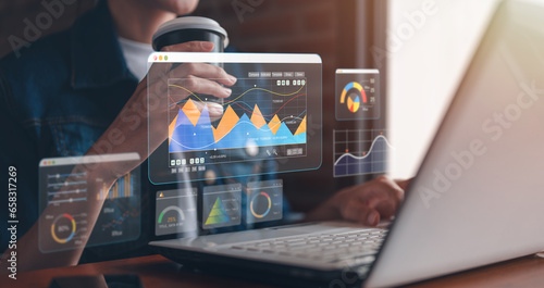 social network, dashboard, graph, management, social media, media, online, trend, messaging, community. while drinking coffee, another hand typing keyboard to check dashboard and graph to management.