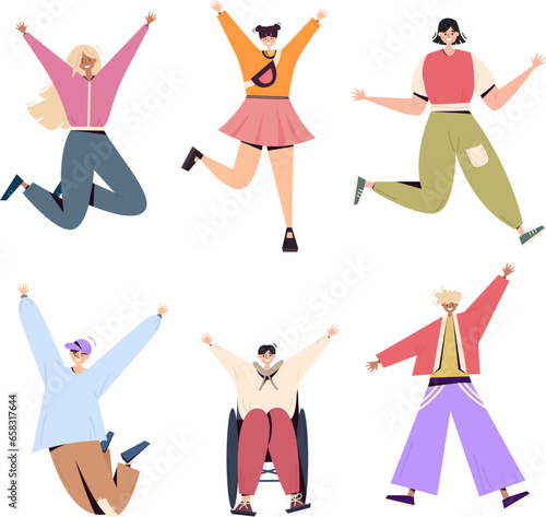 Set of excited jumping people, happy, flat, vector,simple