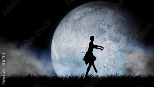 Portrait of professional dancer. Close up of beautiful female ballet dancer performing pirouettes on big full moon background with sky and clouds.