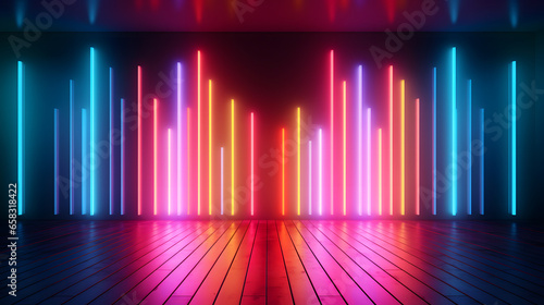 Abstract futuristic sci-fi empty room with glowing neon lights on dark background with reflection