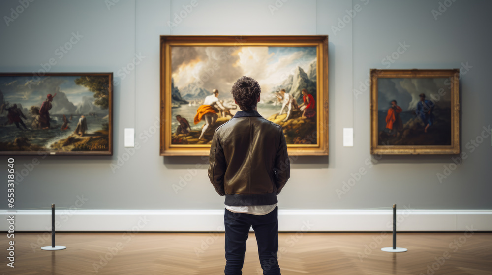 Fototapeta premium Man looks at paintings in a gallery during an exhibition