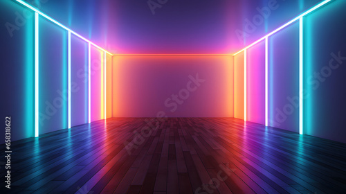Abstract futuristic sci-fi empty room with glowing neon lights on dark background with reflection