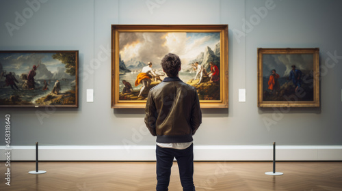 Man looks at paintings in a gallery during an exhibition