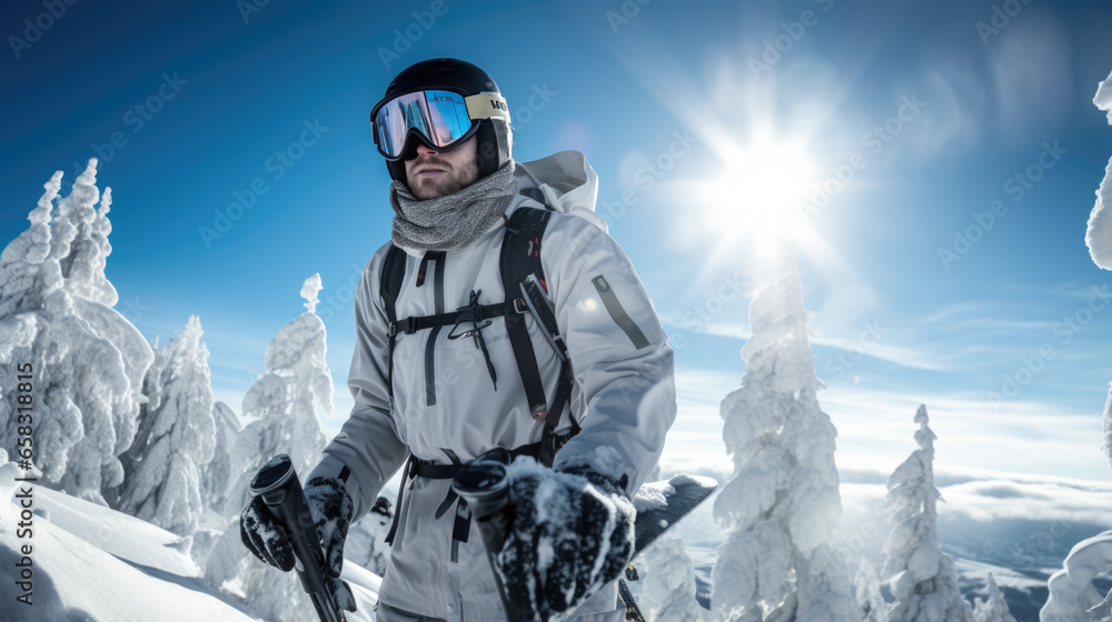 Portrait of a male skier in helmet and winter clothes on the background of snow-covered mountain slope Portrait of a male skier in helmet and winter clothes on the background of snow-covered mountain slope