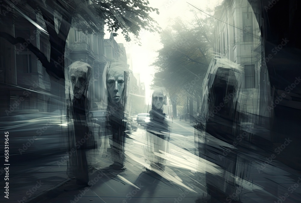 spooky halloween night, zombies and ghost in the streets, nightmare illustration spooky halloween night, zombies and ghost in the streets, nightmare illustration