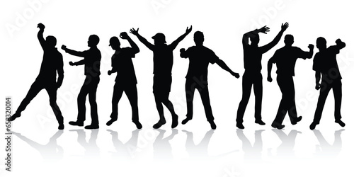 Happy men silhouettes dancing in a group