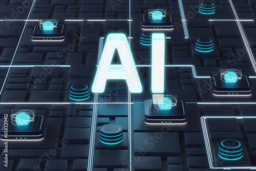 Artificial Intelligence AI concept. Rendering of a 3d text with neural network infrastructure in a cloud data center