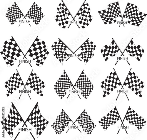 Vector black and white checkered auto racing flags and finishing tape vector set
