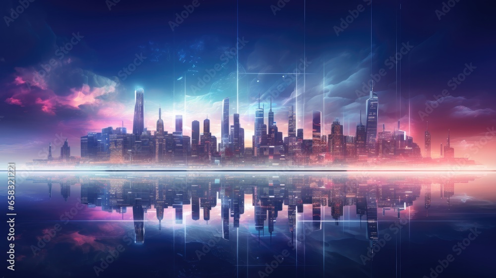 cityscape with space and neon light effect. Modern hi-tech, science, futuristic technology concept. Abstract digital high tech city design for banner background