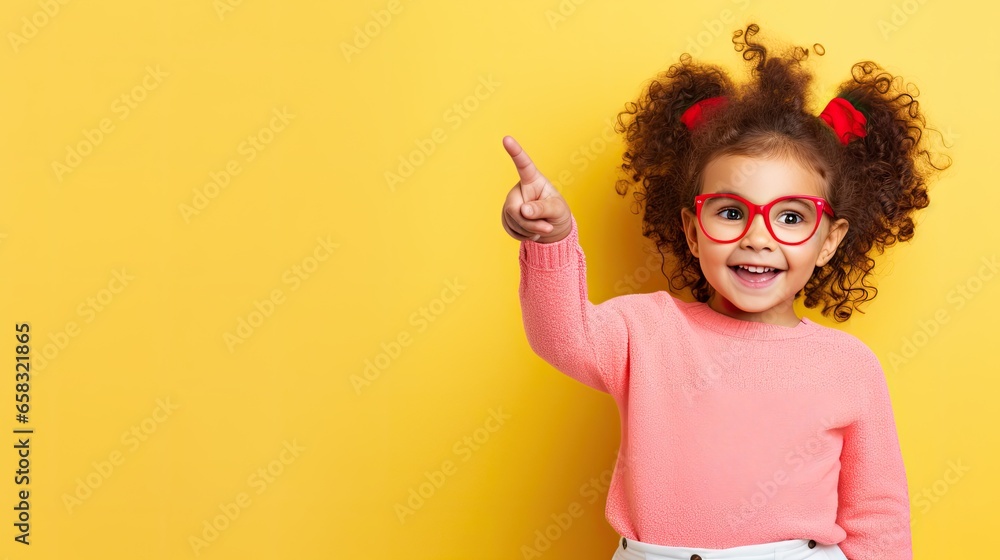 Happy young girl pointing up, curly hair with red accessories.