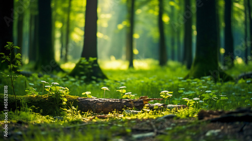 A forest with green trees and flowers in spring, green unspoiled nature concept photo