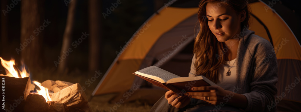 Woman reading a book sitting in the tent near the fire