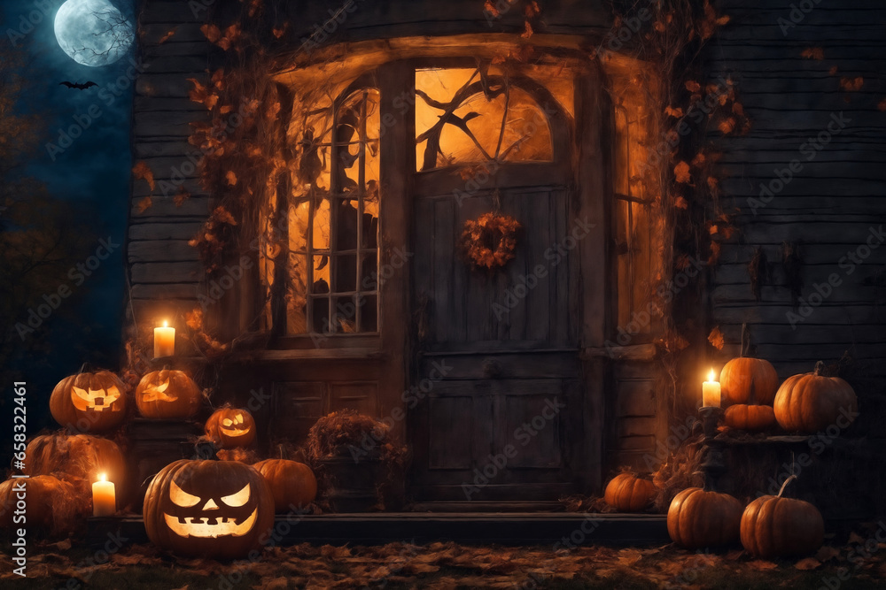 Obraz premium Halloween decorations on the porch of an old house exterior, jack o lantern pumpkins, abandoned place, night, autumn nature