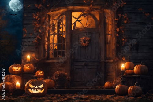 Halloween decorations on the porch of an old house exterior, jack o lantern pumpkins, abandoned place, night, autumn nature