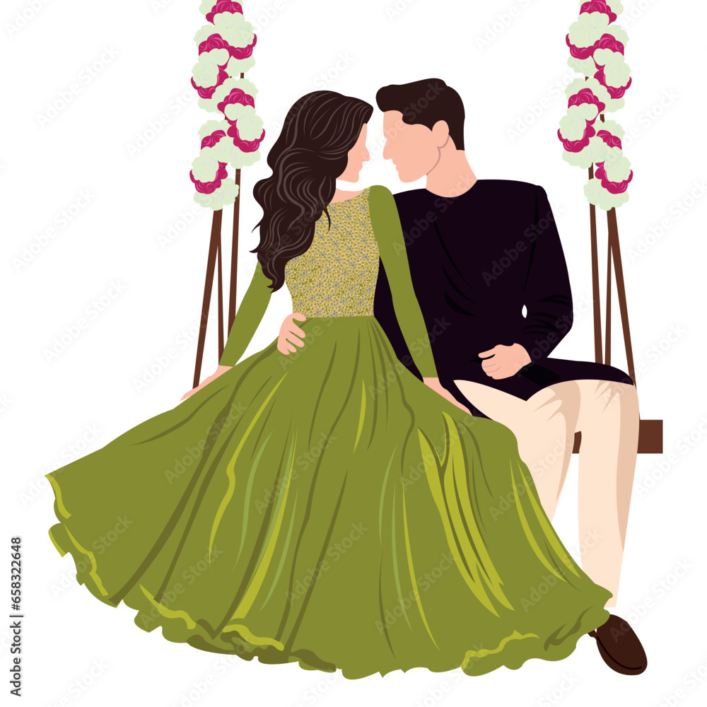 vector indian wedding bride and groom wearing traditional wedding dresses - obrazy, fototapety, plakaty 
