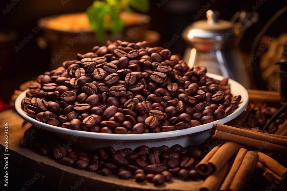 Fototapeta premium Coffee beans on a wooden background. Selective focus Generative AI