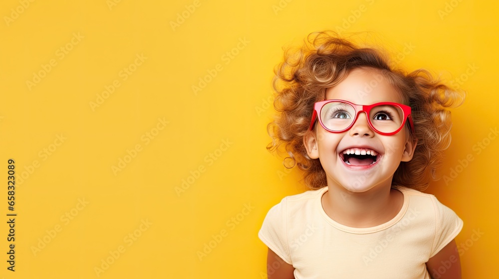 Joyful curly-haired girl with red glasses on a yellow backdrop.