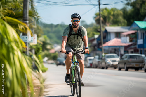 Male tourist smiles happily while riding a public bicycle for rent in the streets of Phuket Thailand, sustainable travel transportation, bicycle friendly © rabbizz77