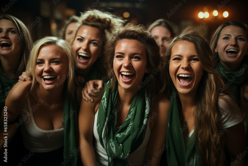 Group of women celebrating a goal from their team, dressed green scarves of their team