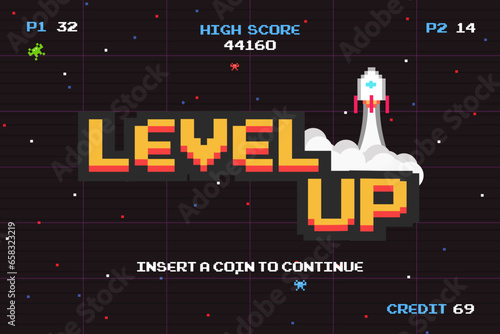 LEVEL UP INSERT A COIN TO CONTINUE .pixel art .8 bit game.retro game. for game assets in vector illustrations.