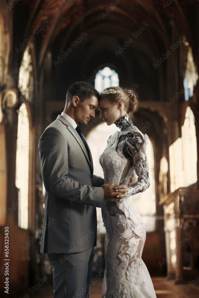 Wedding couple at their wedding formed by a human man and a cybernetic woman