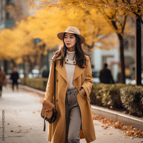 An Asian woman wearing stylish yellow clothes in autumn