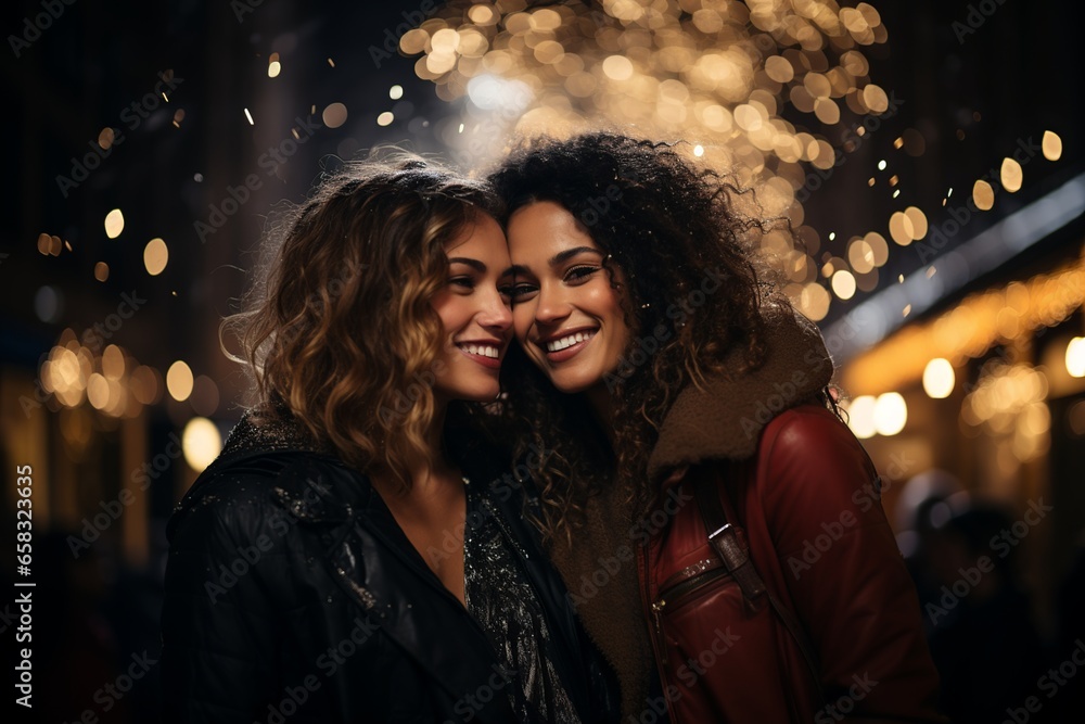 couple of women embrace and smile in the street at under firework