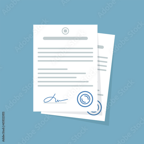 Document with stamp and text icon in flat style. White papers vector illustration on isolated background. Confirmed or approved document sign business concept.