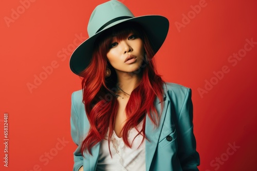 A woman with vibrant red hair is pictured wearing a stylish hat. This image can be used to depict fashion, style, or individuality. It is suitable for various design projects and editorial content.