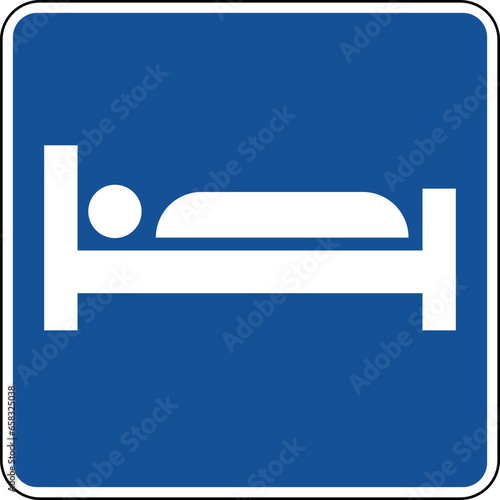Vector graphic of a blue usa Lodging mutcd highway sign. It consists of a silhouette of a person lying on a bed contained in a blue square