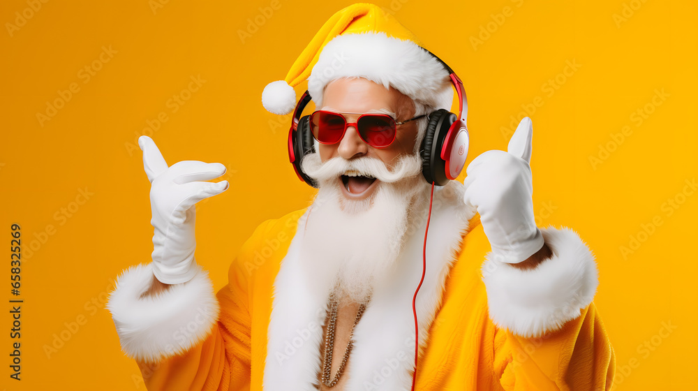 Nightclub invite on christmas party celebration funky crazy santa claus dj in white headset sing song sound melody listen music dance wear stylish x-mas hat suspenders isolated yellow color background Nightclub invite on christmas party celebration funky crazy santa claus dj in white headset sing song sound melody listen music dance wear stylish x-mas hat suspenders isolated yellow color background