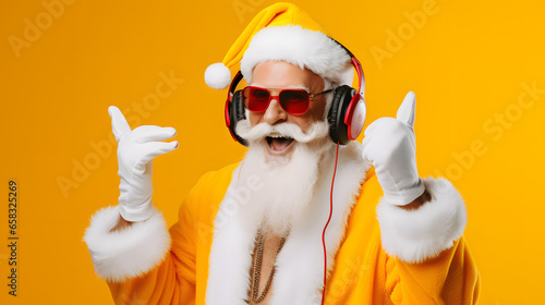 Nightclub invite on christmas party celebration funky crazy santa claus dj in white headset sing song sound melody listen music dance wear stylish x-mas hat suspenders isolated yellow color background photo
