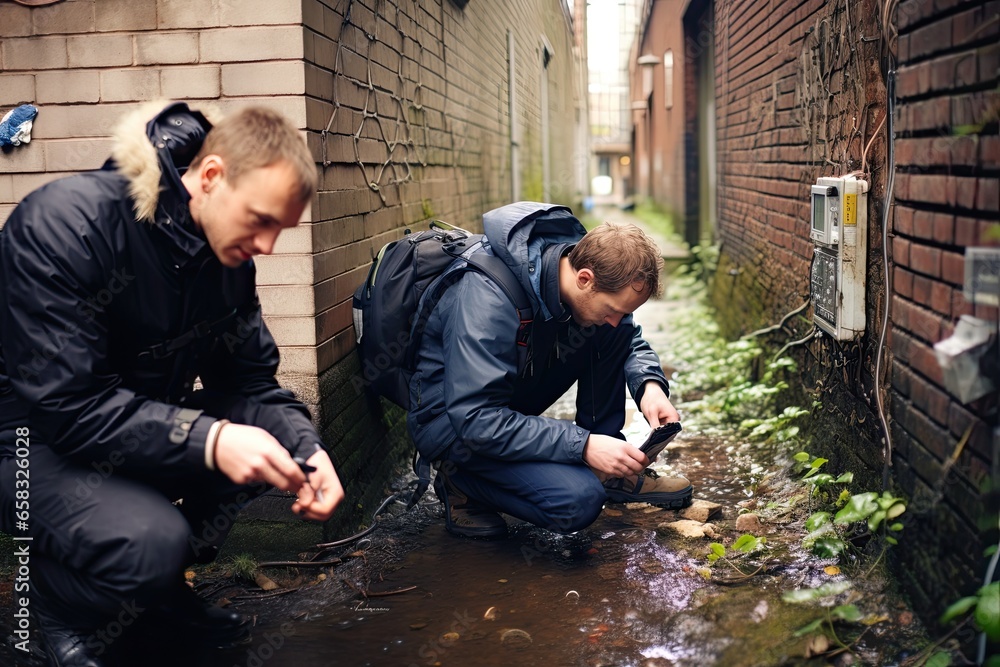Urban Geocaching, urban adventurers hunting for hidden geocaches in city settings