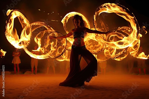 Fire Dancing, showcase the mesmerizing art of fire dancing, with flames twirling around the performers