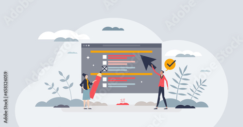 Online ADHD test to examine attention deficit syndrome tiny person concept. Digital hyperactivity disease diagnostics in web browser with fast answer for psychological problem vector illustration.