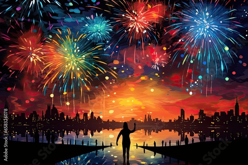 colorful fireworks over a sunset behind a city 