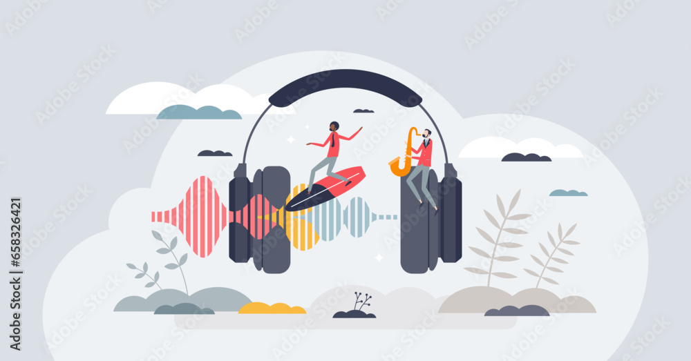 ADHD music as sound for children with attention deficit tiny person concept. Therapy and help for kids with hyperactivity disorder vector illustration. Listening as calming solution after stimulation - obrazy, fototapety, plakaty 