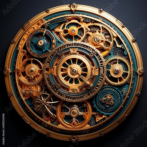 A collection of wheels and gears on a black background