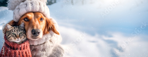 A cute puppy and cat in cozy winter clothes walks in a snowy winter park. Clothed pet in a cold environment. Christmas background. Caring for animals in winter. photo