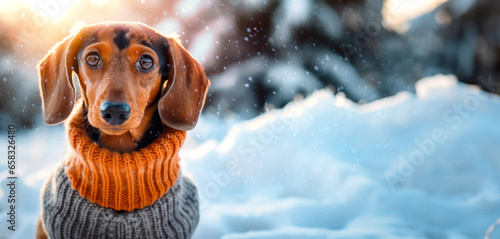 A cute dachshund puppy in a cozy warm sweater walks in a snowy winter park. Dressed pet in a cold environment. Christmas background. Caring for animals in winter. photo