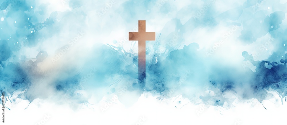 Watercolor Easter cross clipart with watercolour texture on blue background
