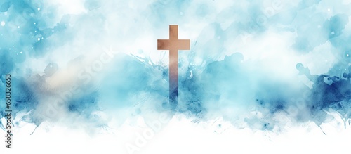 Watercolor Easter cross clipart with watercolour texture on blue background © AkuAku