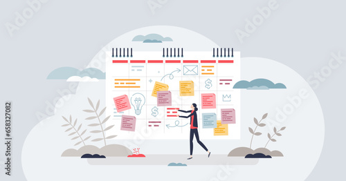 ADHD planner as schedule organizer for attention deficit tiny person concept. Hyperactivity disorder problem management with daily calendar and list with scheduled notes and tasks vector illustration