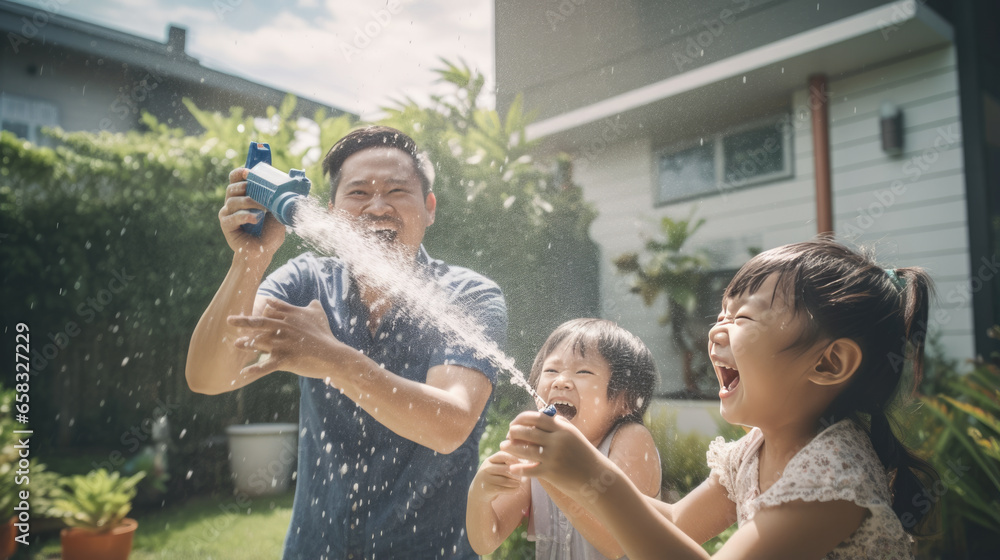 Happy family playing with a water gun in front yard on a warm summer afternoon - obrazy, fototapety, plakaty 