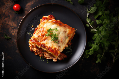 Traditional homemade lasagna with minced meat, bolognese sauce topped with cheese and basil leafs served on a plate on the dark rustic table, top view